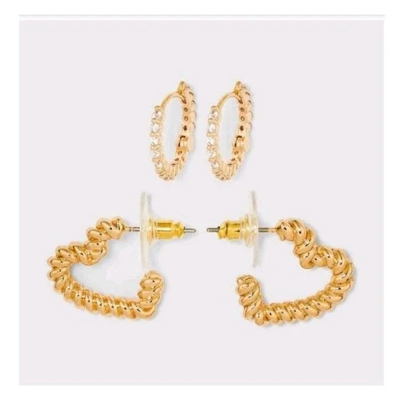 3/$15 Sugarfix Baublebar Crystal Gold Tone Beaded Heart Hoop Earring Set of 2 - Picture 1 of 1